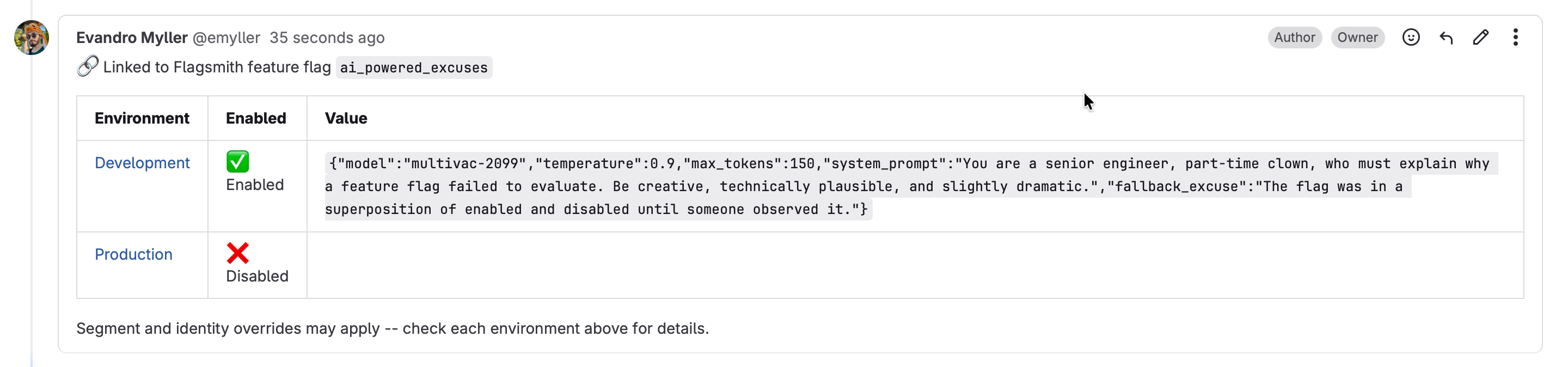 Comment posted by Flagsmith in a GitLab issue